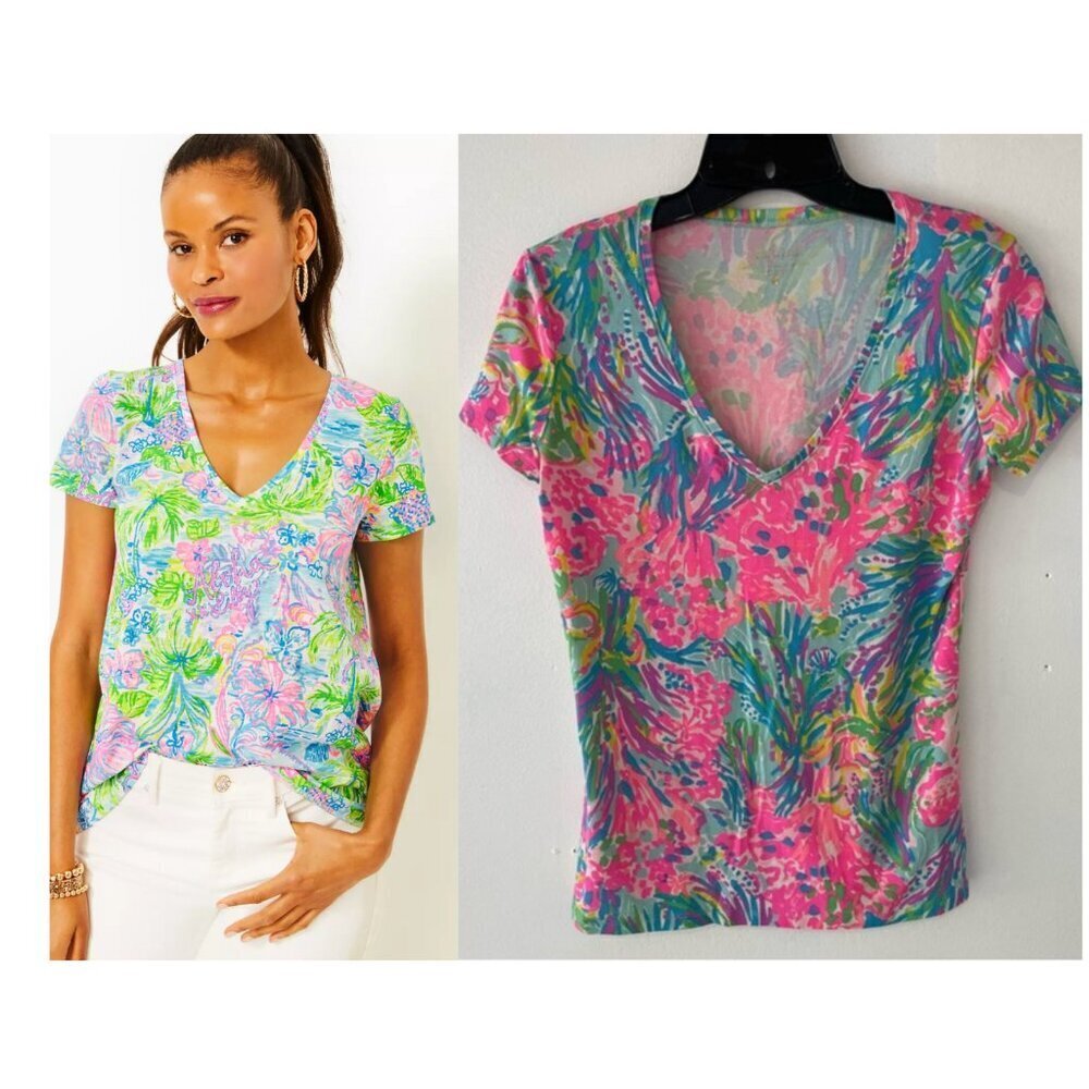 Lilly Pulitzer Pink Green Floral Short Sleeve V-Neck T-Shirt - 37324